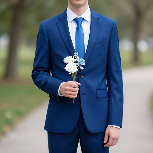 Groom in Blue Wedding Suit Outdoors