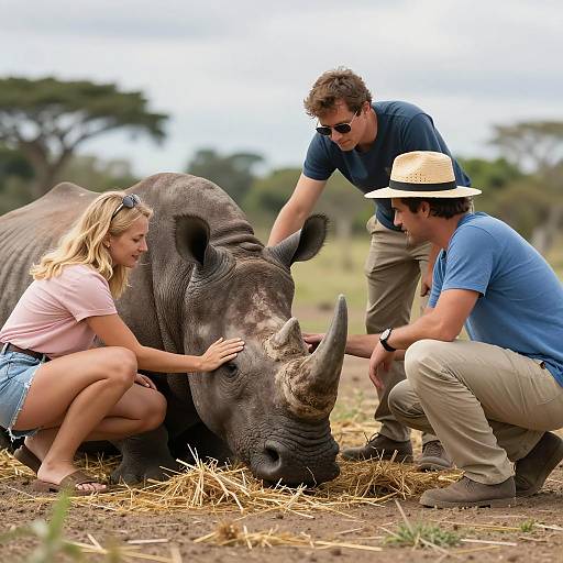 People Interacting with Resting Rhinoceros in Safari