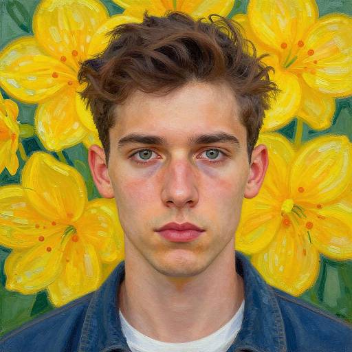 Digital painting of a young man with short, curly brown hair, blue eyes, and fair skin, wearing a denim jacket, against a vibrant yellow d