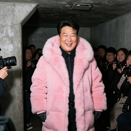 Smiling Kim Jong Un in Pink Fur Coat