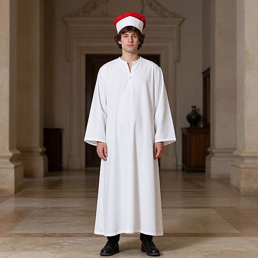 Photograph of a young man with curly brown hair, wearing a white traditional thobe and a red Santa hat, standing in a grand, marble-f