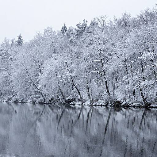 Photograph of a serene winter landscape with snow-covered trees reflected in a calm, dark river, creating a mirror-like effect.