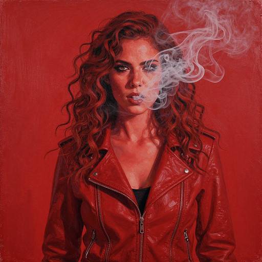 Photograph of a curly-haired woman with smoky breath, wearing a red leather jacket, against a vibrant red background.