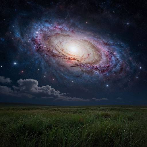 Photograph of a vibrant, glowing spiral galaxy with colorful nebulae and stars, set against a dark night sky over a grassy field.