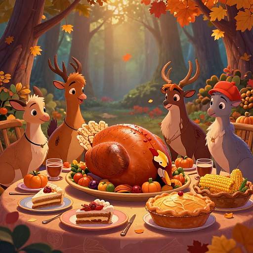 Digital illustration of four anthropomorphic deer at an autumnal forest Thanksgiving table with a roasted turkey, pumpkin pie, and fall decorations.