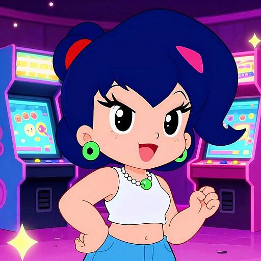 Cartoon-style drawing of a confident girl with dark blue hair, green earrings, white crop top, and blue pants, standing in a colorful arcade.