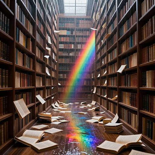 Photograph of a library aisle with dark wooden shelves, books, and open books scattered on the floor; a vibrant rainbow arcs from the ceiling, illumin