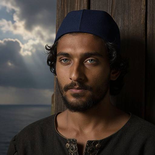 Photograph of a bearded man with blue eyes, dark blue cap, black shirt, standing against a wooden wall with a cloudy sky and ocean in