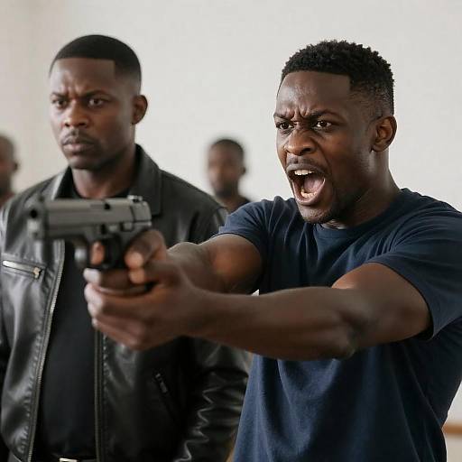 Tense Moment with Man Aiming Handgun