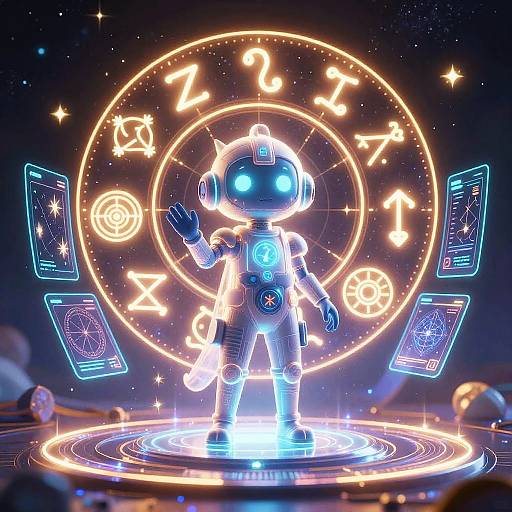 CGI neon-lit robot with glowing blue eyes and circular zodiac backdrop, surrounded by floating digital screens and astrological symbols.