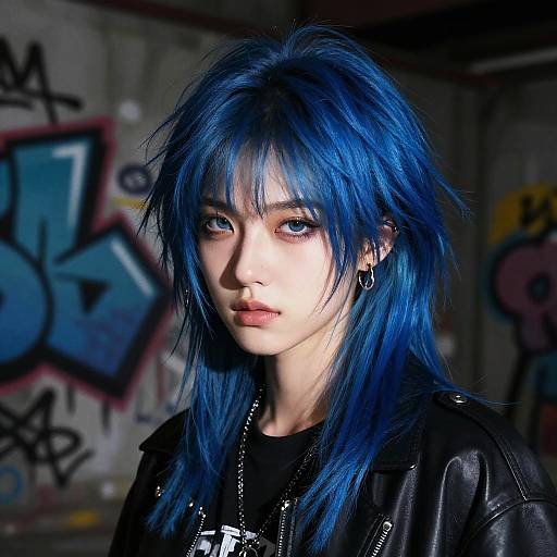 Photograph of an East Asian woman with vivid blue hair, wearing a black leather jacket, in a graffiti-covered, dimly lit urban setting. Her