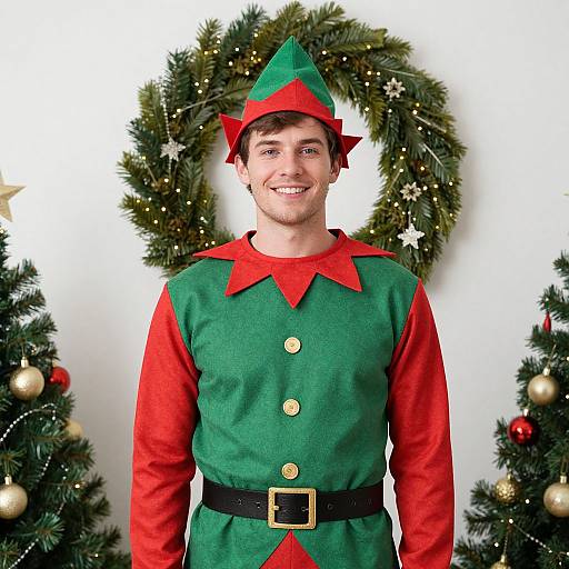 Photograph of a smiling white man in a green and red elf costume, with a pointed hat, standing in front of a Christmas wreath and decorated