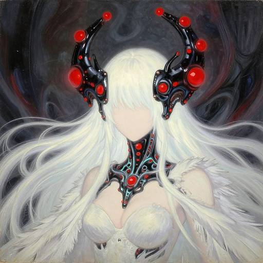Digital fantasy artwork of a pale-skinned, white-haired female with glowing red orb-accented black horns, large breasts, and feathered white attire