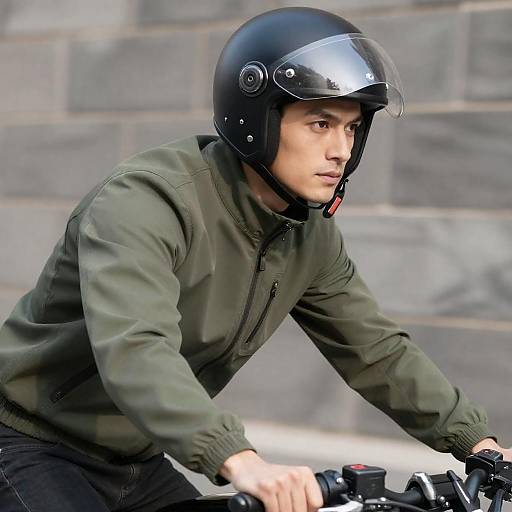 Man Riding Motorcycle with Helmet and Olive Jacket