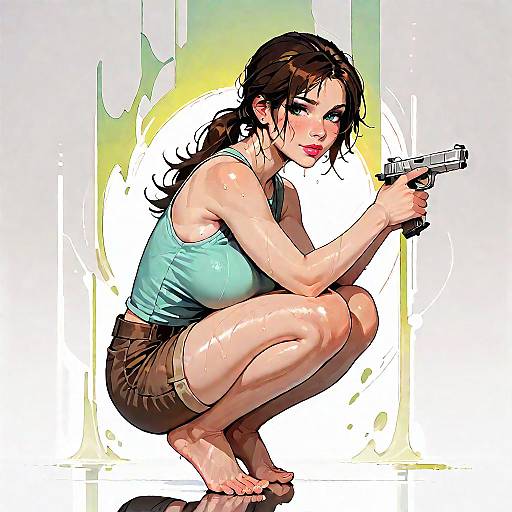 Digital comic-style illustration of a young woman with wet hair, crouching, wearing a turquoise tank top and brown shorts, holding a silver handgun,