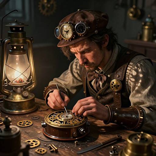 Steampunk inventor with goggles and cap, meticulously assembling clockwork mechanism by lantern-lit wooden table, surrounded by gears and tools.