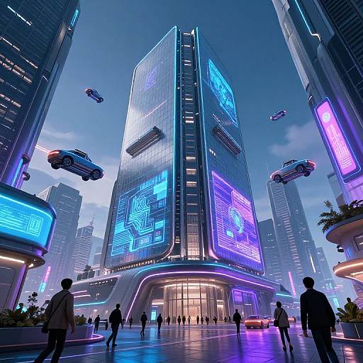 Neon-lit futuristic cityscape photograph: towering glass building with glowing blue and purple holographic patterns, flying cars, and silhouetted pedestrians