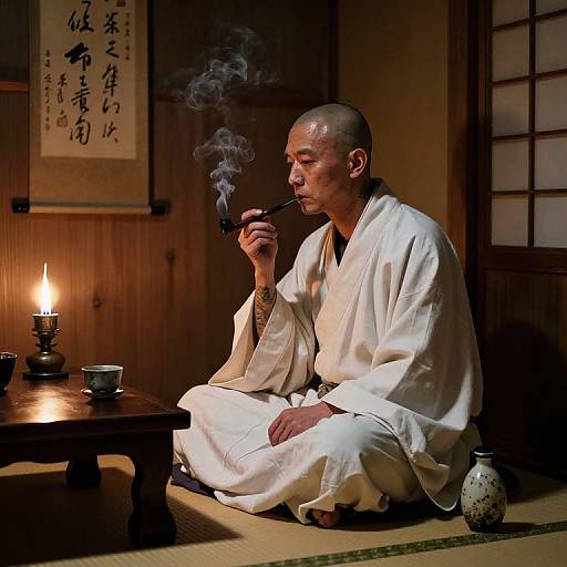 Photograph of a bald, middle-aged man in a white kimono, smoking a pipe, sitting in a dimly lit Japanese room with a lit