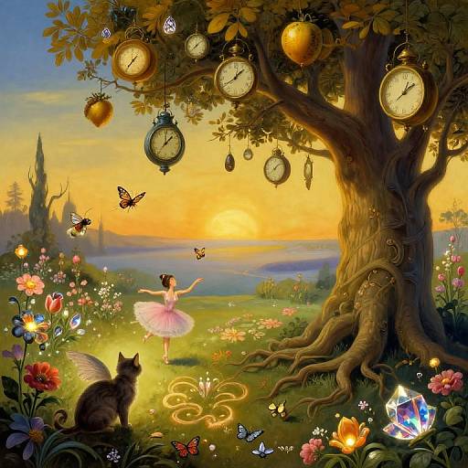 Surreal Dreamscape Garden with Winged Cat