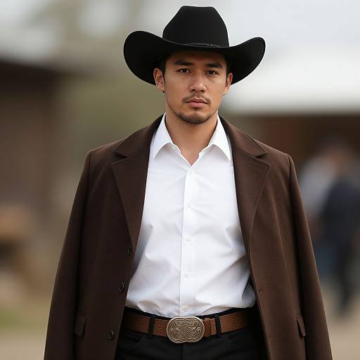 Photograph of a young Asian man with light skin, wearing a black cowboy hat, white shirt, brown coat, and dark pants with a brown belt
