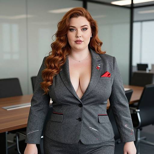 Photograph of a curvy, fair-skinned woman with long, wavy red hair, wearing a gray blazer with a deep neckline revealing cle