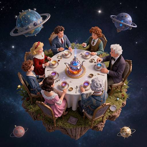 Fantasy illustration of five elegantly dressed people having tea on a floating island surrounded by planets in a starry sky.