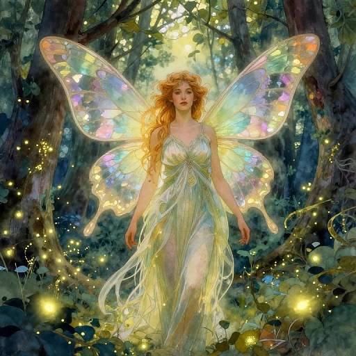 Digital fantasy illustration of a fairytale fairy with glowing, iridescent wings, golden hair, and a shimmering, flowing dress, surrounded by
