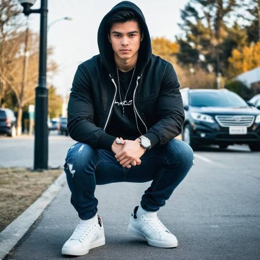 Young man squatting outdoors in casual apparel