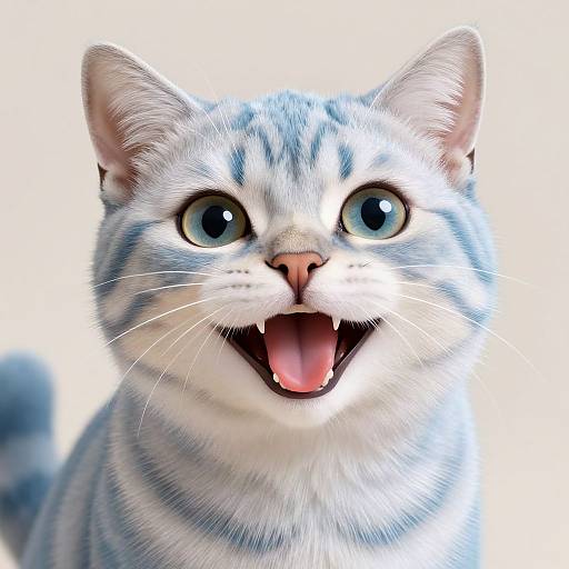 Photorealistic close-up of a white and blue tabby cat with wide blue eyes, sharp teeth, and an open mouth, against a bright white