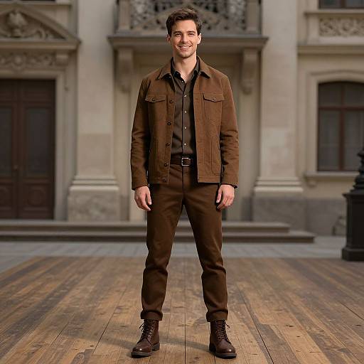 Photograph of a smiling man with short dark hair, wearing a brown corduroy jacket, black shirt, and brown pants, standing on wooden pl