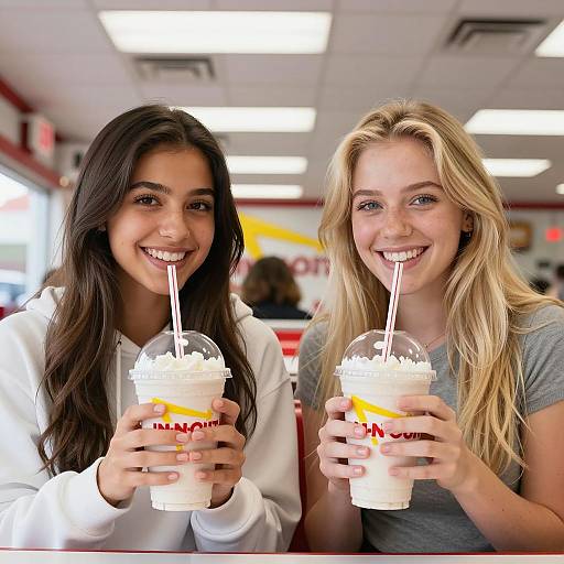 Two Friends Enjoying Milkshakes at Diner