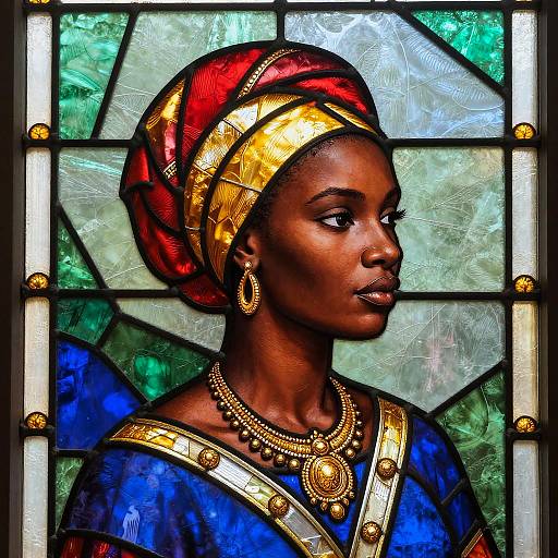 Vibrant stained glass portrait of a dark-skinned African woman wearing a red and gold headwrap, blue garment, gold jewelry, and looking to
