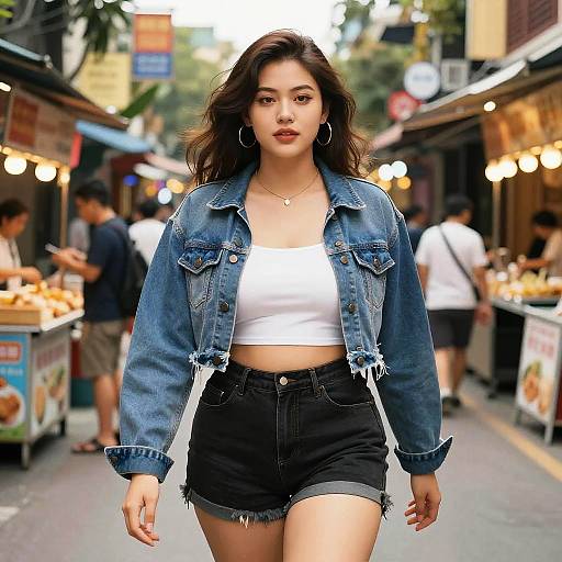 Photograph of an Asian woman with wavy brown hair, wearing a denim jacket, white crop top, and black shorts, confidently walking down a bustling