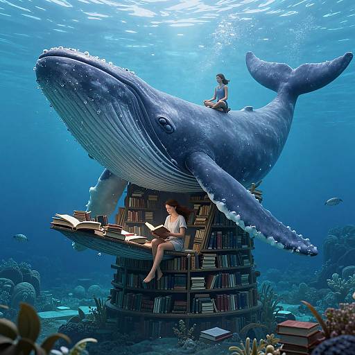 Digital illustration of a blue whale with a girl reading and another girl riding on top, surrounded by underwater book stacks.