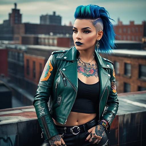 Woman with vibrant tattoos and teal leather jacket on rooftop