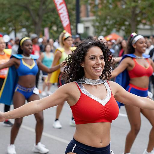 Photograph of a smiling, curly-haired woman in a red sports bra with silver trim, dancing in a colorful, outdoor parade.