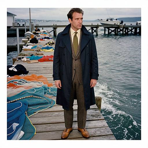 Photograph of a serious man in a long black coat, brown checkered suit, and brown shoes, standing on a wooden dock with colorful fishing nets