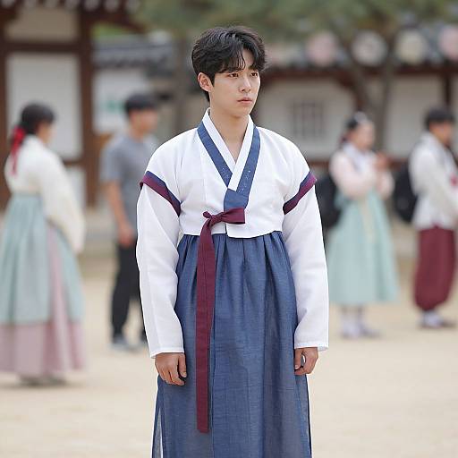 Photograph of a young Asian man in traditional Korean hanbok, white top, blue skirt, maroon ribbon, standing outdoors with blurred background of