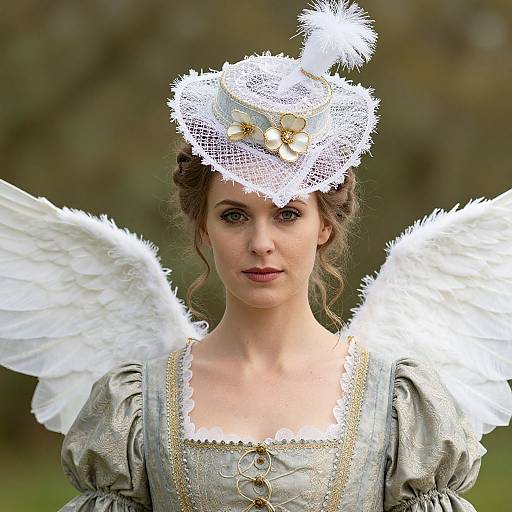 Photograph of a fair-skinned woman with brown hair, wearing a vintage grey dress, white lace hat, and white feathered wings, set against