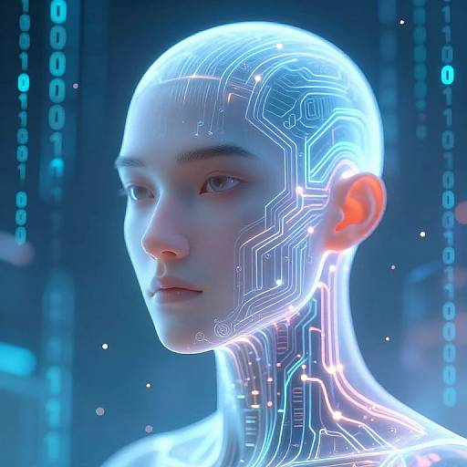 CGI image of a bald, androgynous, glowing humanoid with intricate, neon circuitry patterns on the head and neck, set against a