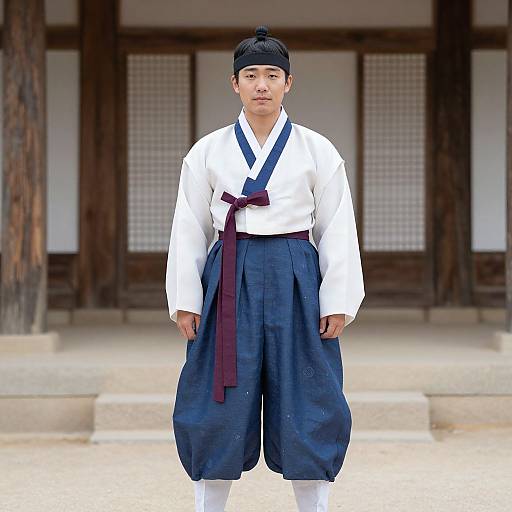 Photograph of an Asian man in traditional Korean hanbok: white top, blue hakama pants, dark blue sash, black headband,