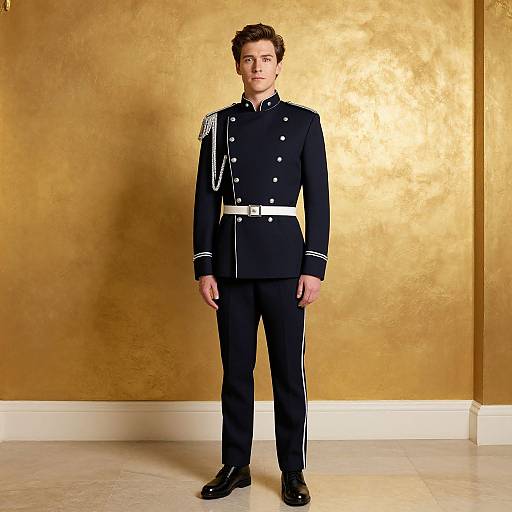 Photograph of a young white man with short brown hair, standing against a gold textured wall, wearing a black military-style uniform with white buttons and stripes