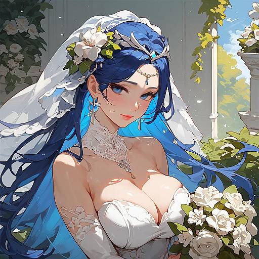 Digital anime-style bride with long blue hair, blue eyes, white lace gown, floral headpiece, veil, holding white roses, sunlight filtering through vines