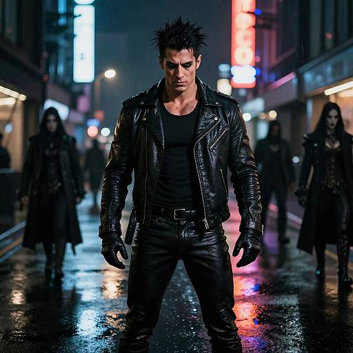 Gritty, dark-haired man in black leather jacket and gloves stands confidently on a neon-lit, rainy city street at night.