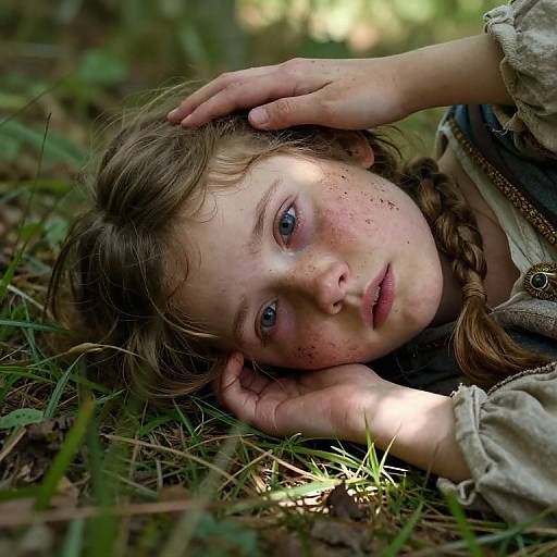 Photograph of a young girl with freckles, blue eyes, and braided brown hair, lying in grass, hands on her head, wearing