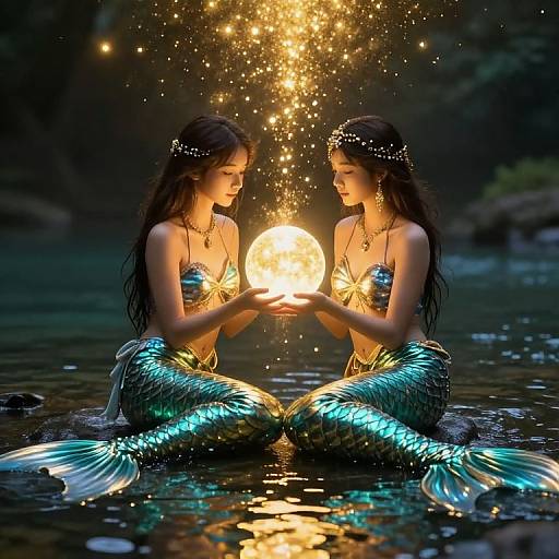 Photograph of two mermaids with shimmering green scales, dark hair, and golden crowns, holding a glowing orb, surrounded by sparkling lights,