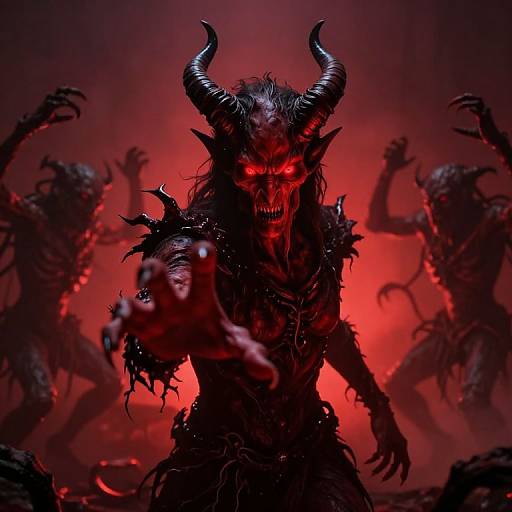 Photograph-like digital artwork of a menacing, horned demon with glowing red eyes, reaching out with clawed hands, surrounded by shadowy, demonic