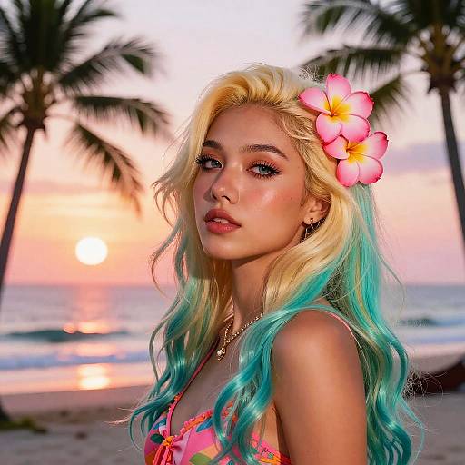 Vibrant Anime Woman at Tropical Sunset