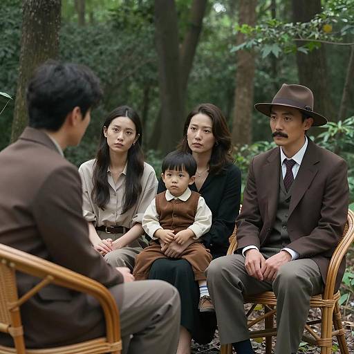 Group Sitting on Wicker Chair in Forest