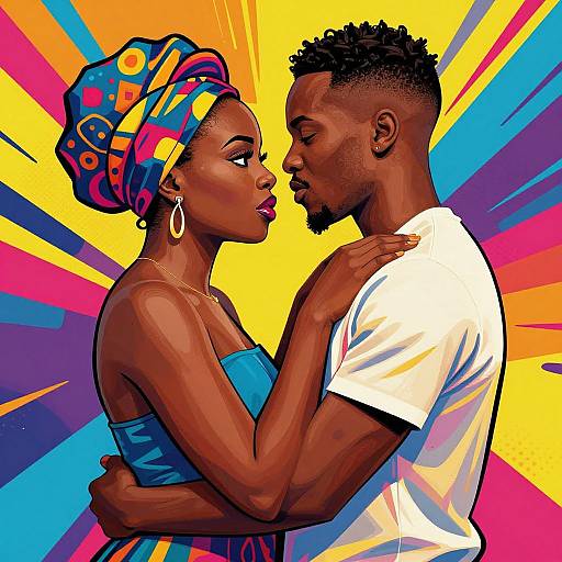 Digital artwork of a Black couple in a passionate embrace; woman in blue dress and colorful headwrap, man in white tee, vibrant yellow and blue background